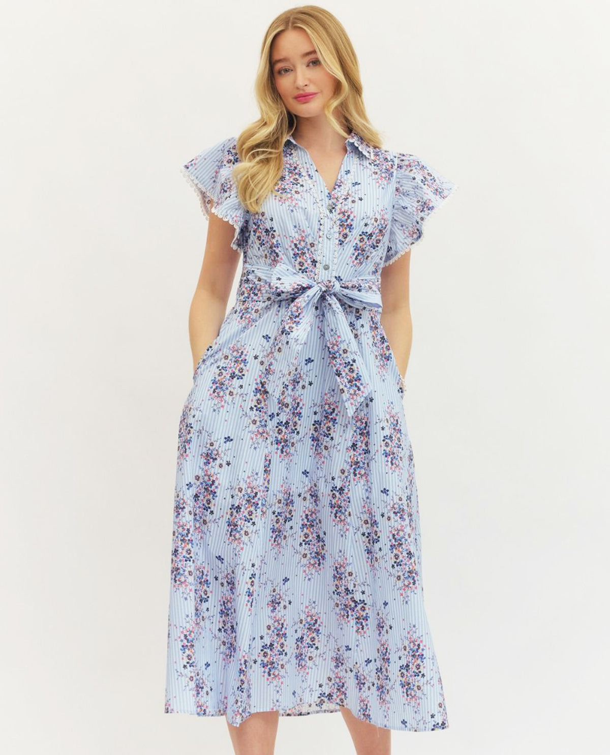 Entro Print Tie Waist Dress Blue