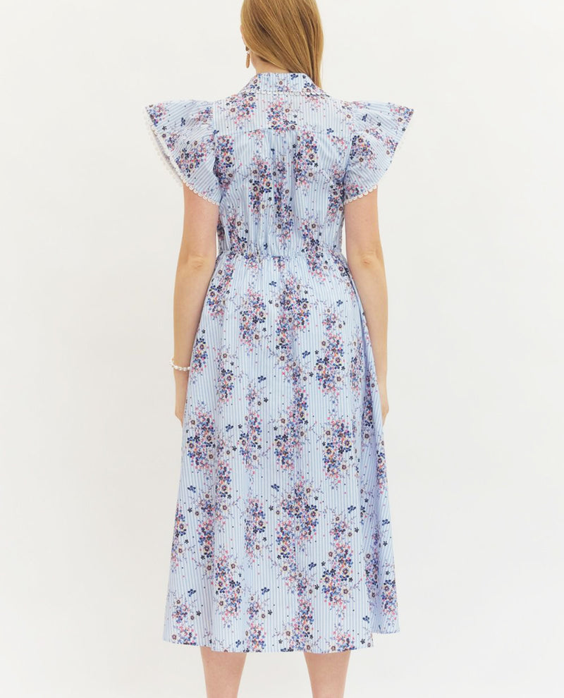 Entro Print Tie Waist Dress Blue
