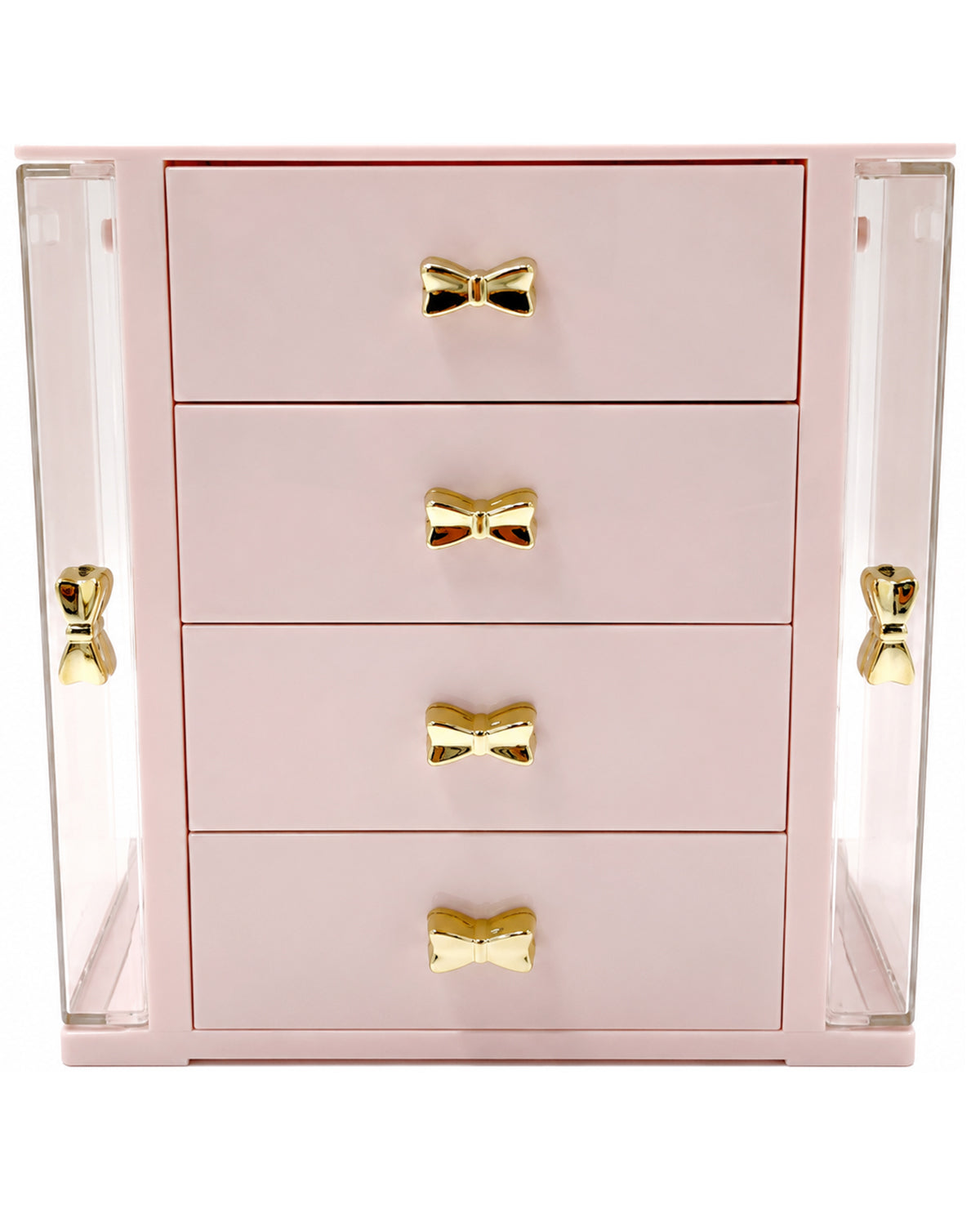 Pink jewelry box with gold bow-shaped handles on a white background