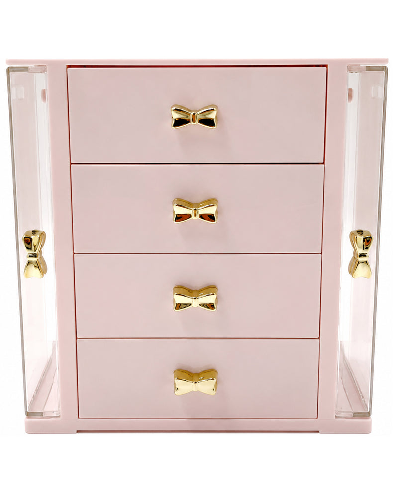 Pink jewelry box with gold bow-shaped handles on a white background