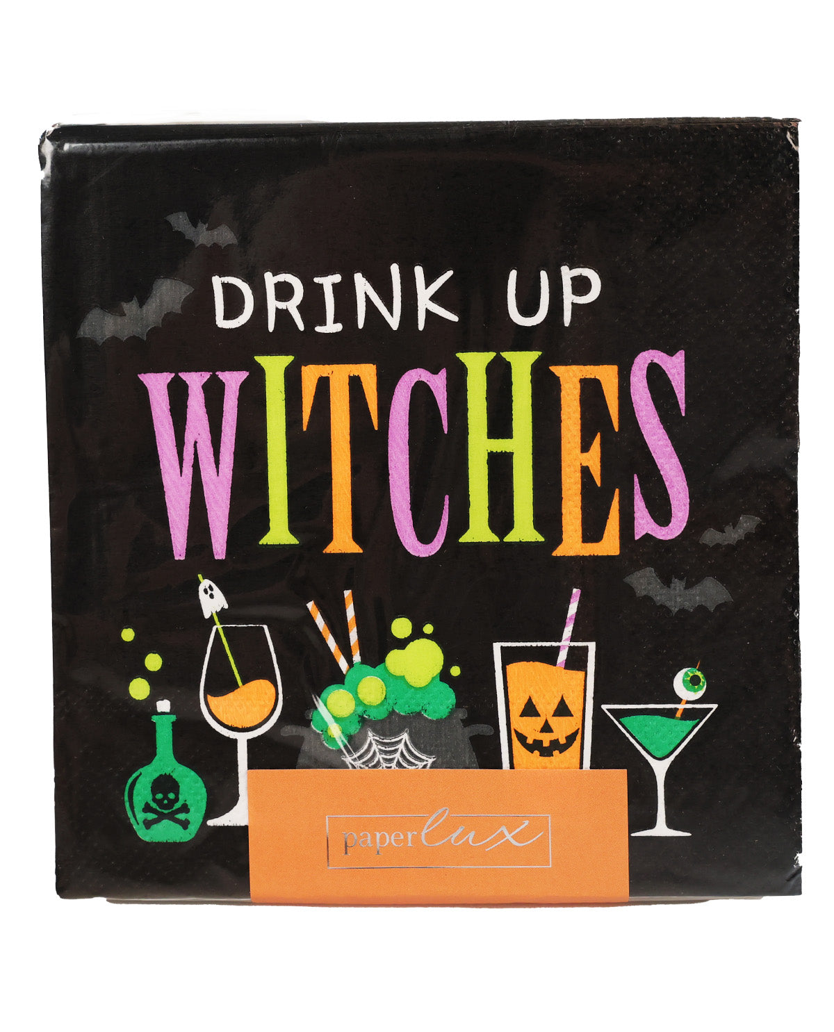 A pack of Paper Lux Halloween napkins featuring the text 'DRINK UP WITCHES' in colorful lettering, with illustrations of witch-themed drinks and objects on a black background.