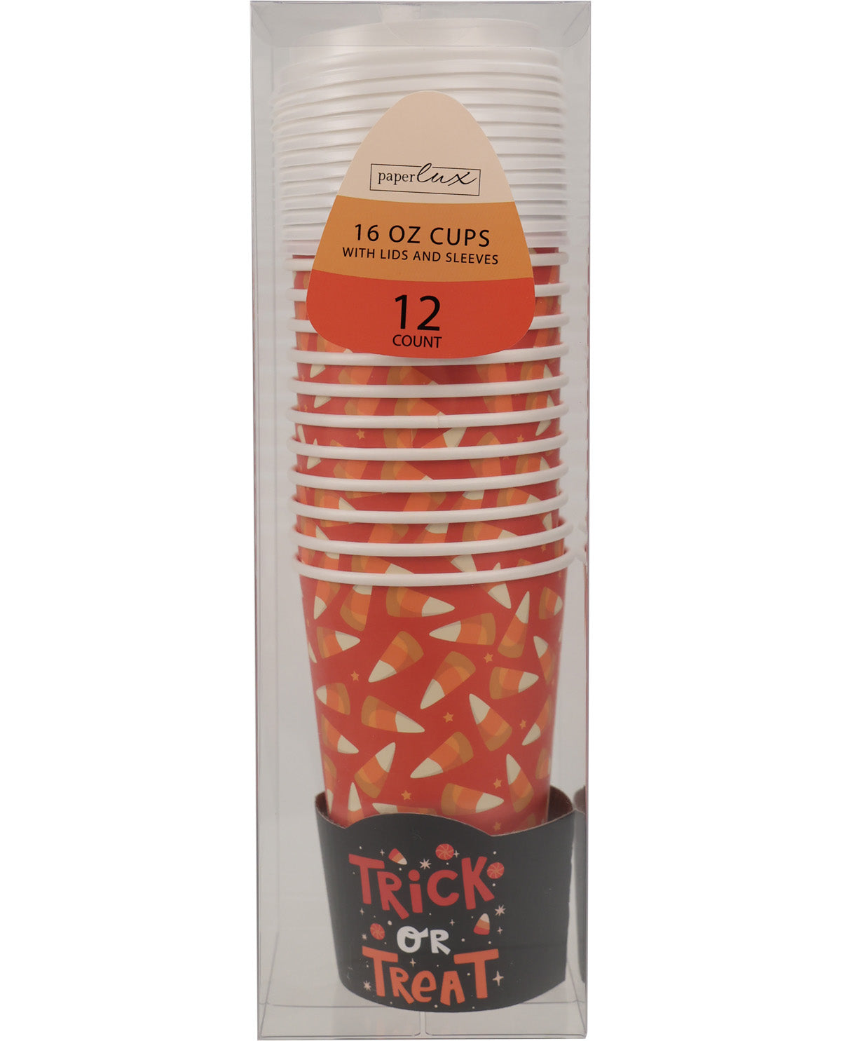 A 12-pack of Paperlux 16 oz cups with lids and sleeves, featuring a Halloween candy corn pattern in orange, white, and yellow, packaged in a clear plastic box with a black 'Trick or Treat' base band.