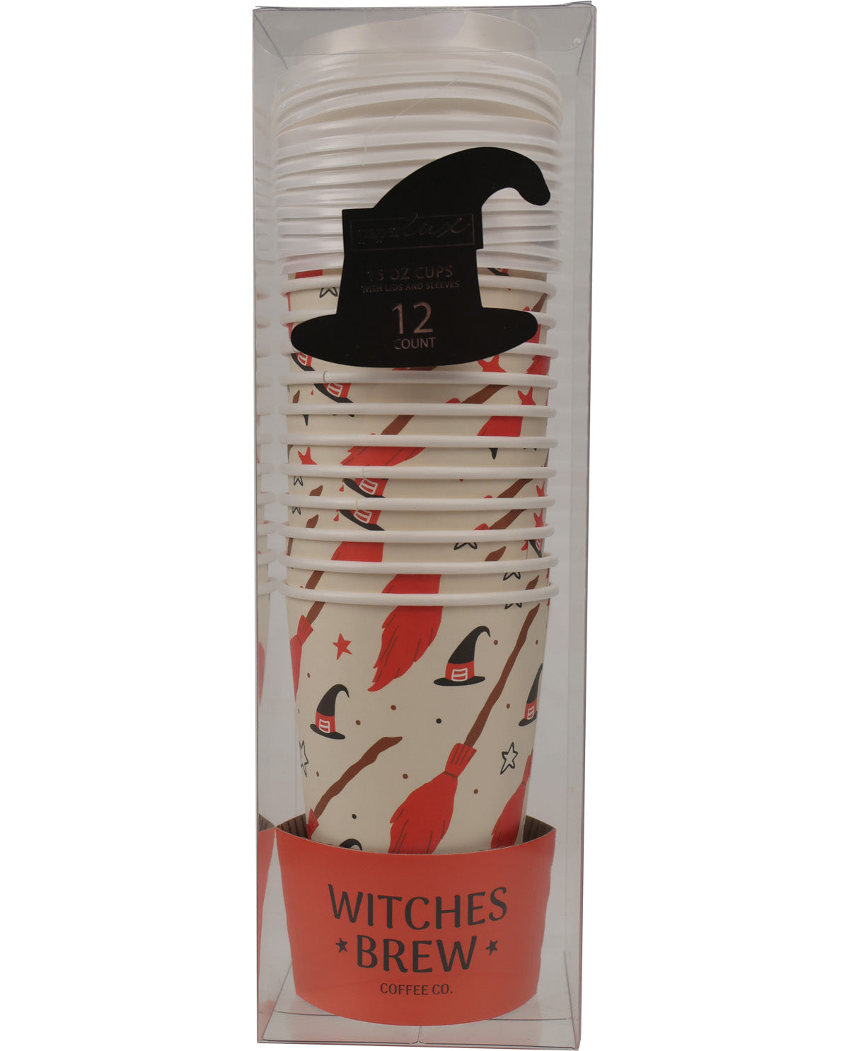 A 12-pack of paper cups in a clear plastic package, featuring a red and black witch hat and broom pattern on a cream background, with a coral-red band at the bottom labeled 'WITCHES BREW COFFEE CO.'.