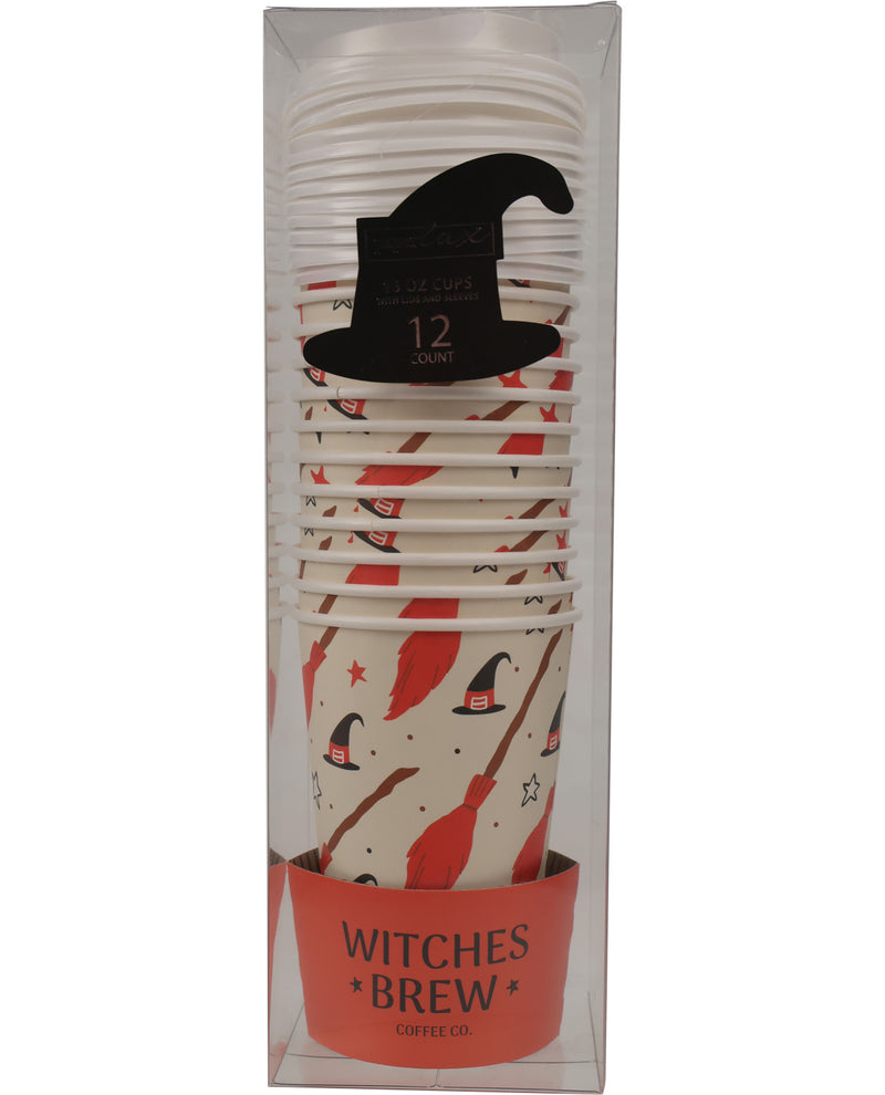 A 12-pack of paper cups in a clear plastic package, featuring a red and black witch hat and broom pattern on a cream background, with a coral-red band at the bottom labeled 'WITCHES BREW COFFEE CO.'.