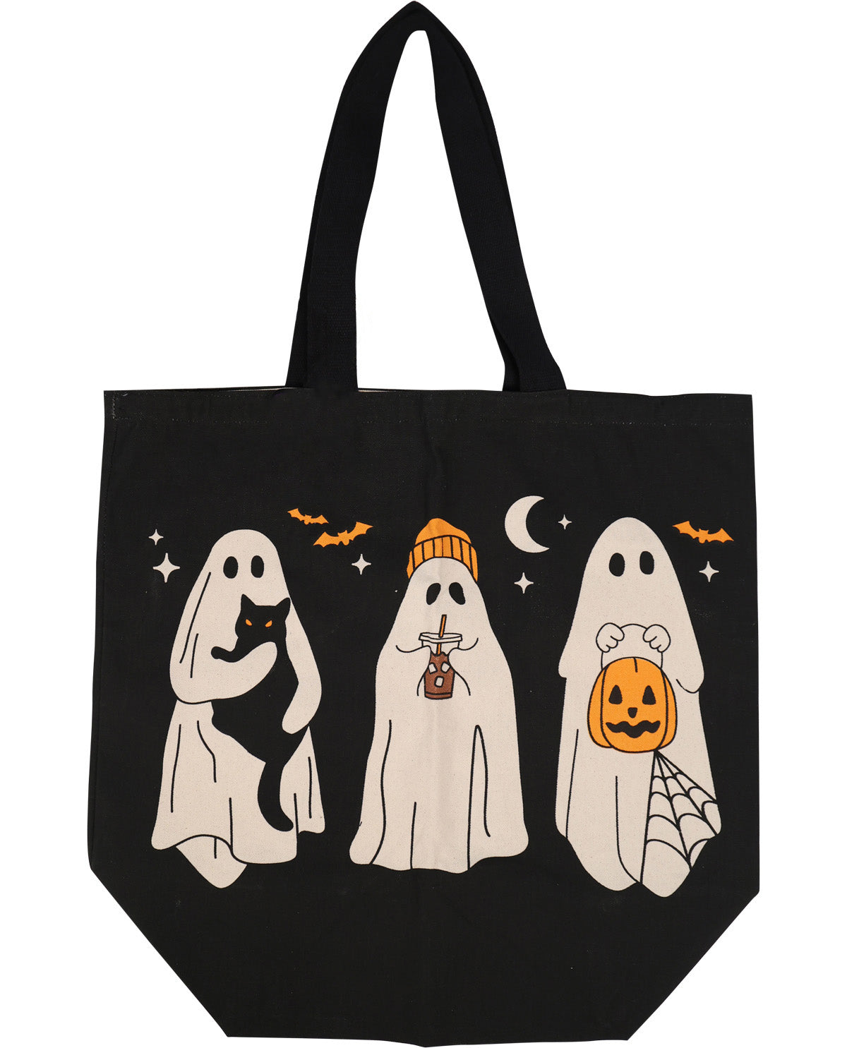 A black canvas tote bag with a Halloween-themed graphic print featuring three white ghosts, an orange jack-o'-lantern, bats, stars, and a crescent moon on a white background.