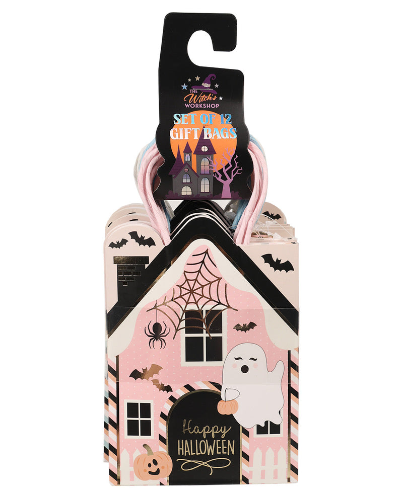 A set of 12 Halloween gift bags in a pink haunted house package with a black hanging hook. The bags feature a pink house design with a white ghost, spiderwebs, bats, and 'Happy Halloween' text.