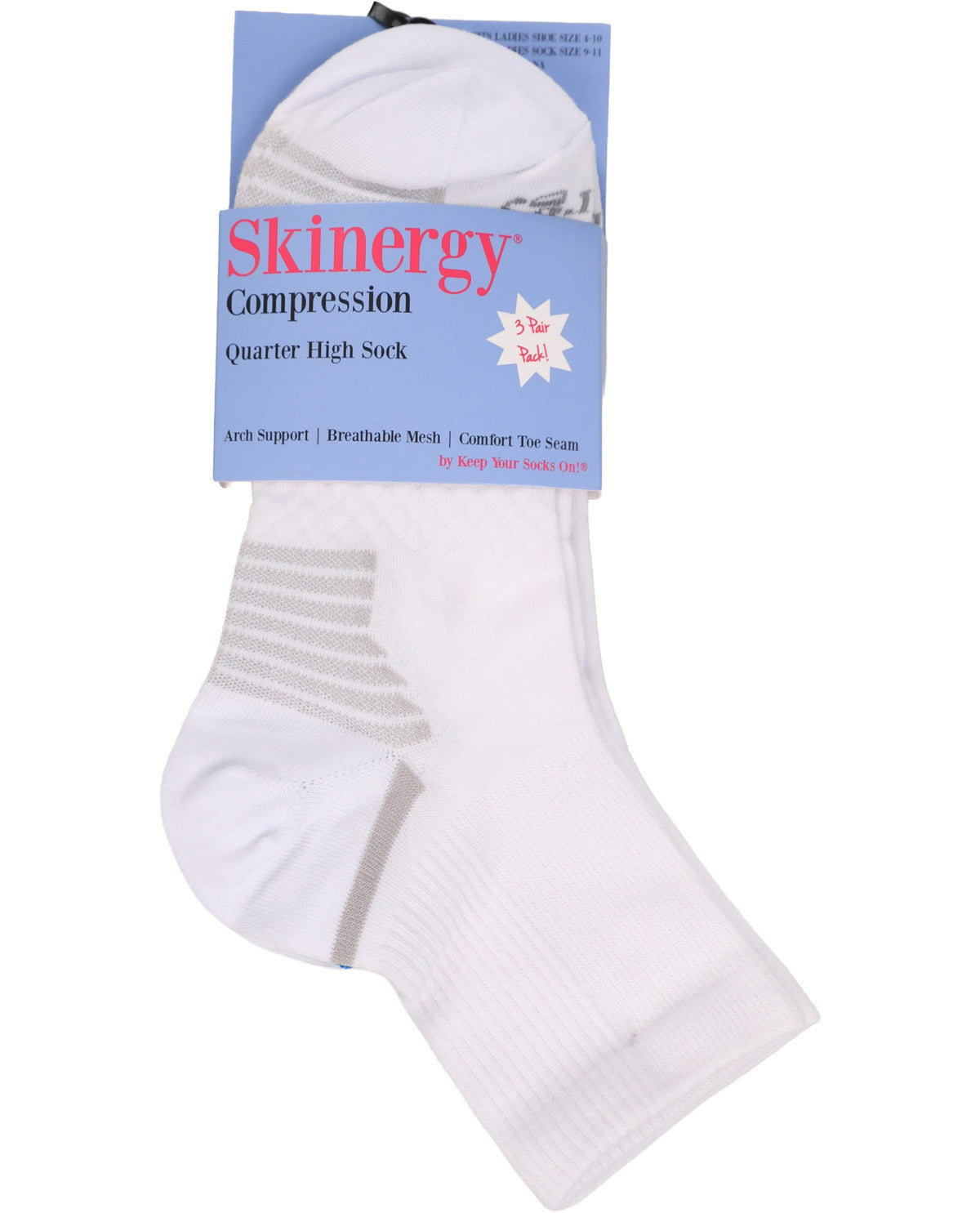 A pack of three Skinergy Compression Quarter High Socks in white, shown with their blue and white retail packaging on a plain white background.