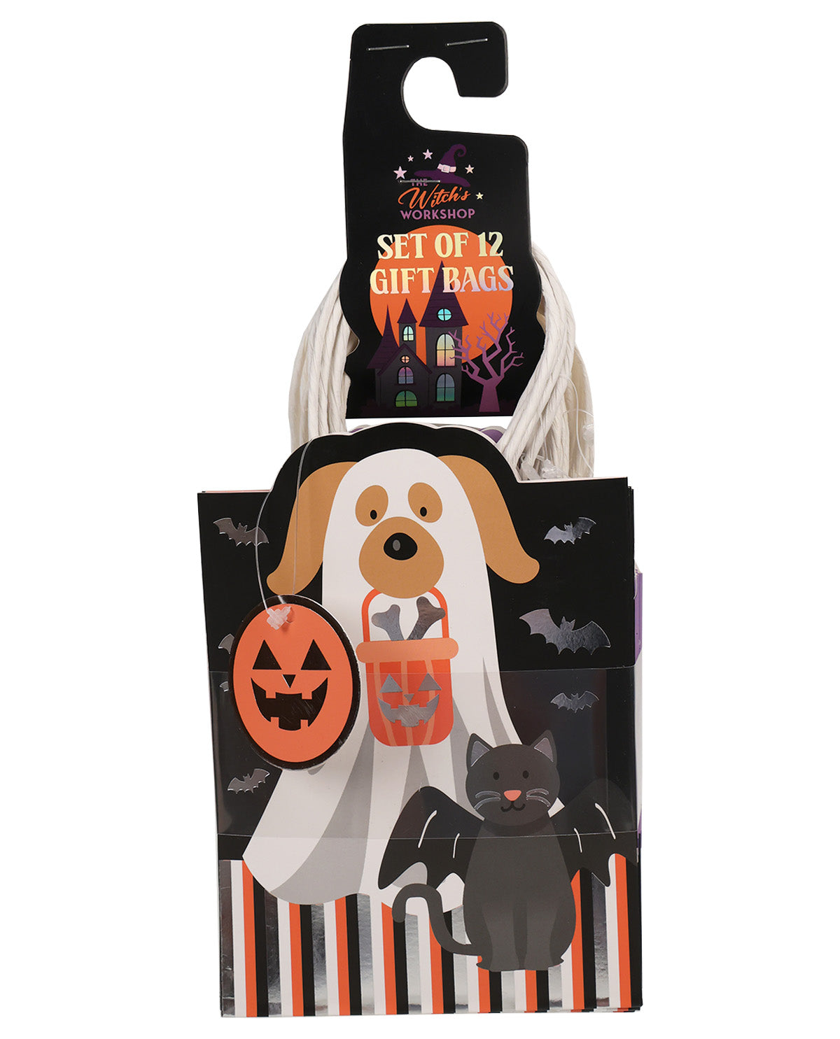 A package of 12 Halloween gift bags from Whiskers Workshop, featuring a cartoon ghost dog, a jack-o'-lantern, a black cat, and bats on a black, orange, and white striped design.