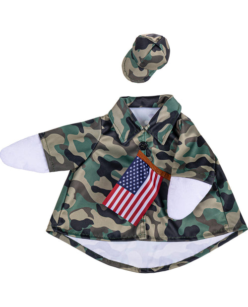 Camouflage dog coat with American flag patch and matching hat on a white background