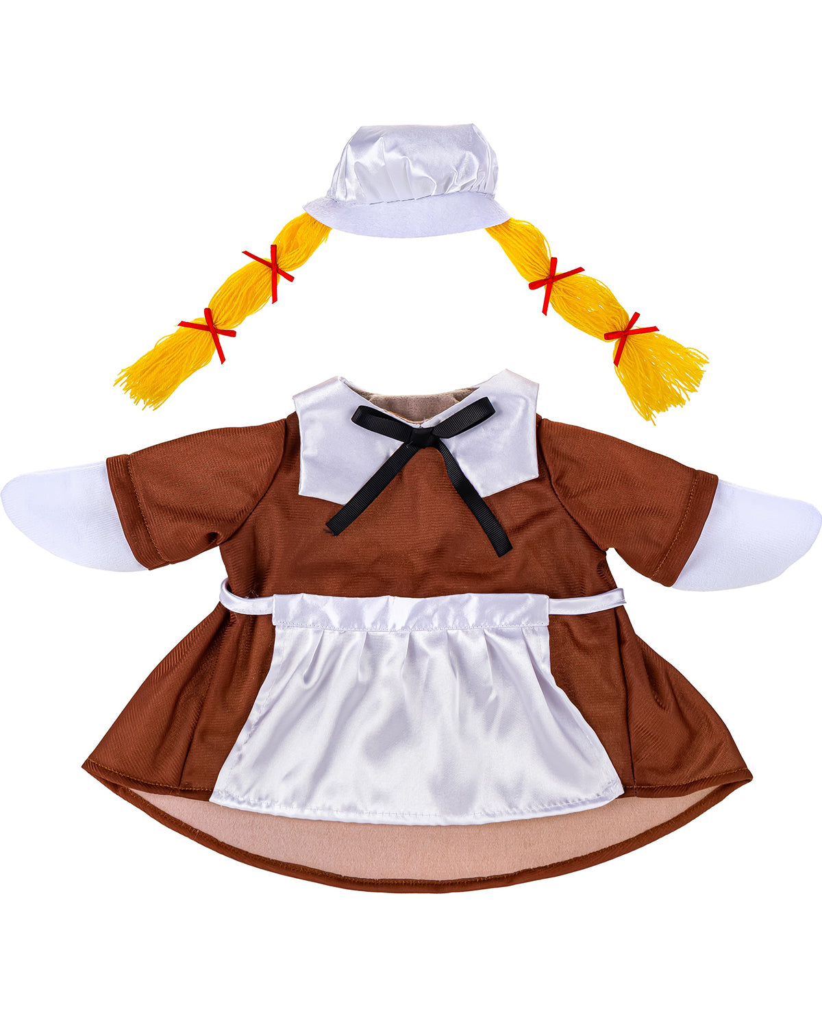Dog costume resembling a scarecrow with a white hat, yellow feathers, and brown dress on a white background.