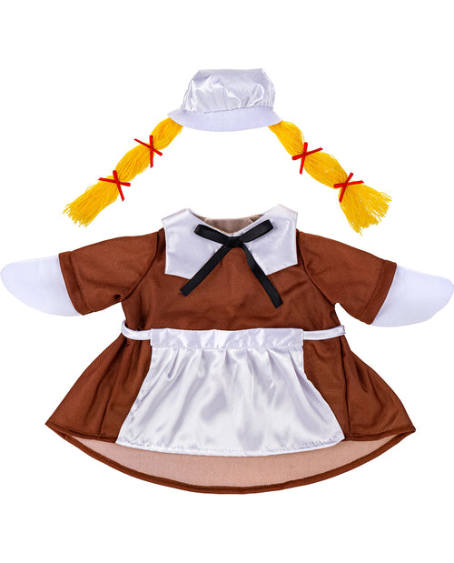 Dog costume resembling a scarecrow with a white hat, yellow feathers, and brown dress on a white background.