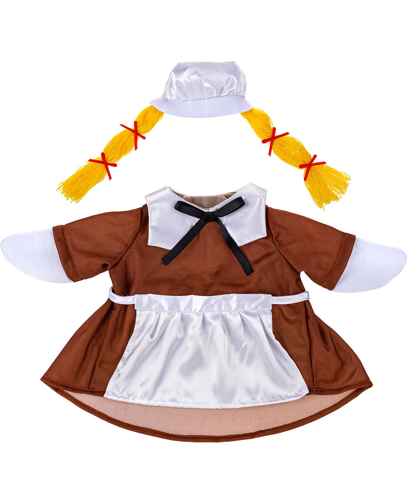 Dog costume resembling a scarecrow with a white hat, yellow feathers, and brown dress on a white background.