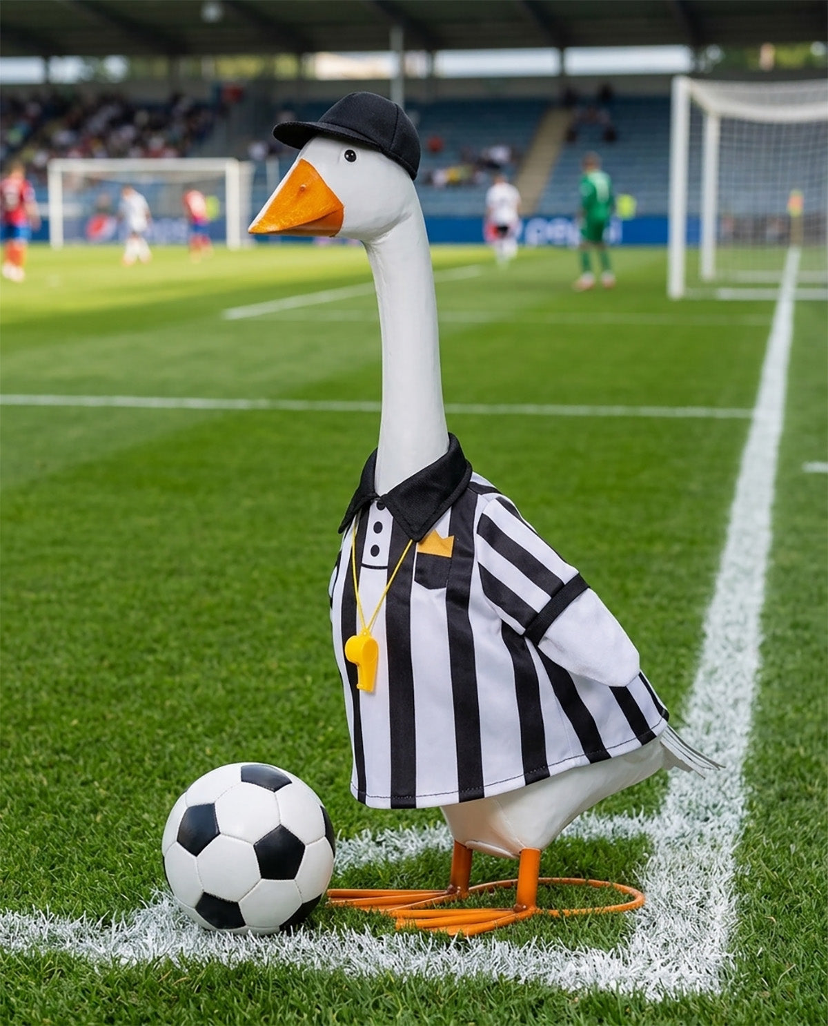 A white goose dressed as a soccer referee stands on a green football field corner line next to a black-and-white soccer ball. The goose wears a black-and-white striped shirt, a black cap, and an orange beak and whistle.