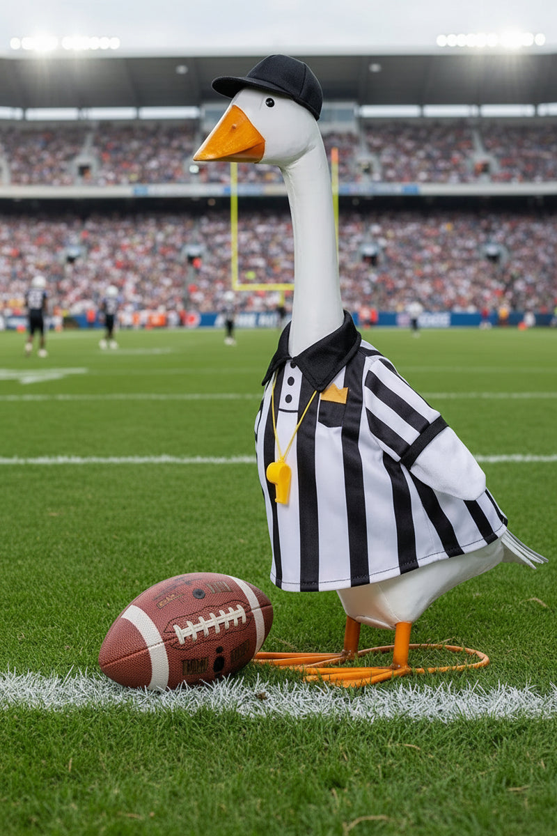 A white goose dressed as a soccer referee stands on a green football field corner line next to a black-and-white soccer ball. The goose wears a black-and-white striped shirt, a black cap, and an orange beak and whistle.