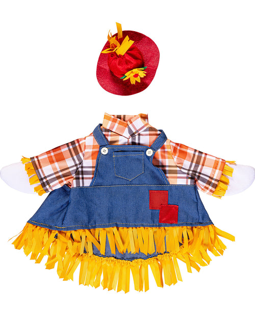 Scarecrow costume with plaid shirt, denim overalls, and yellow skirt on a white background