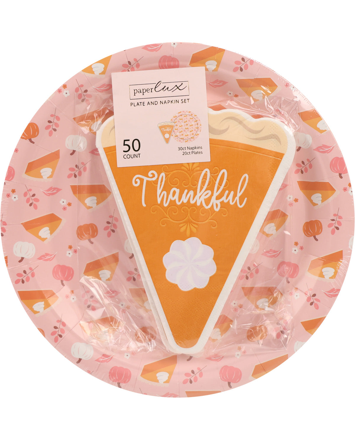 Paperlux Thanksgiving plate and napkin set featuring a large round pink plate with a pumpkin and pie pattern, and 50 orange pie-slice-shaped napkins with 'Thankful' written on them.