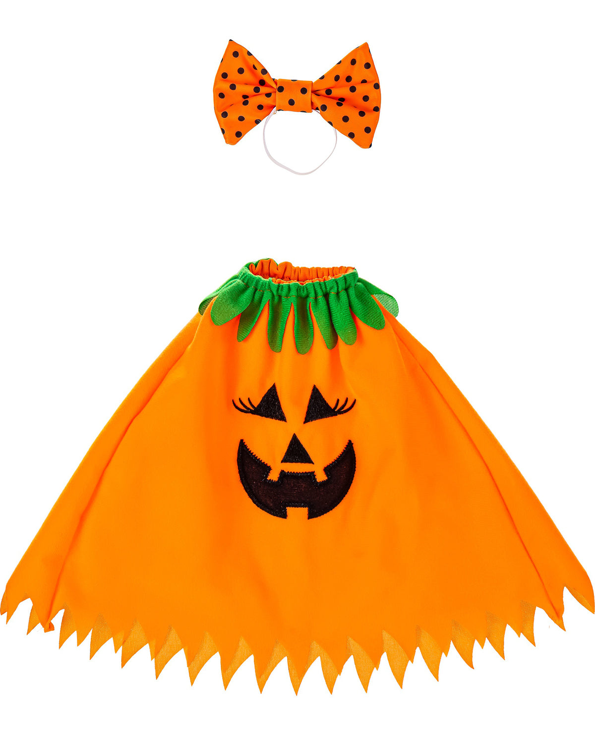 Halloween costume set with orange skirt featuring a pumpkin face, green leaves, and orange bow tie on a white background.