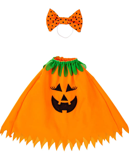Halloween costume set with orange skirt featuring a pumpkin face, green leaves, and orange bow tie on a white background.