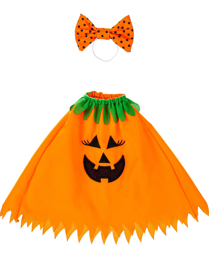 Halloween costume set with orange skirt featuring a pumpkin face, green leaves, and orange bow tie on a white background.