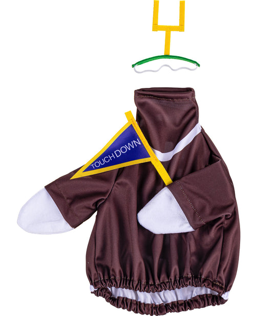 Dog costume with touchdown sign and football field design on a white background