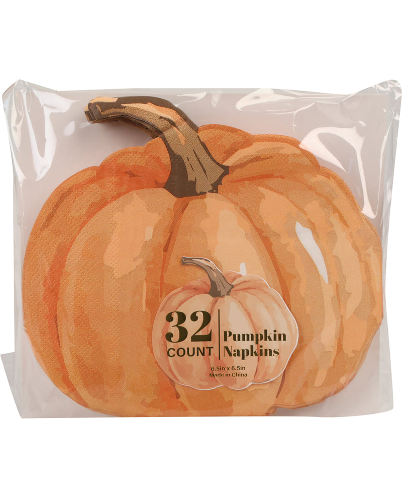 Pack of 32 pumpkin-shaped paper napkins in a clear plastic bag with a printed pumpkin illustration and a circular label reading '32 Pumpkin Napkins'.
