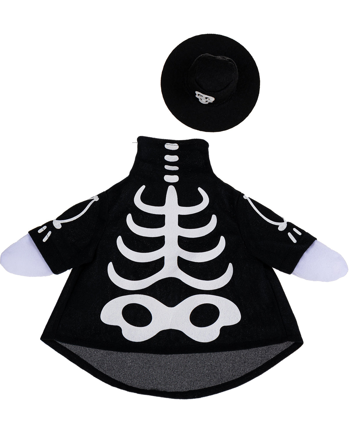 Black skeleton costume with a hat on a white background