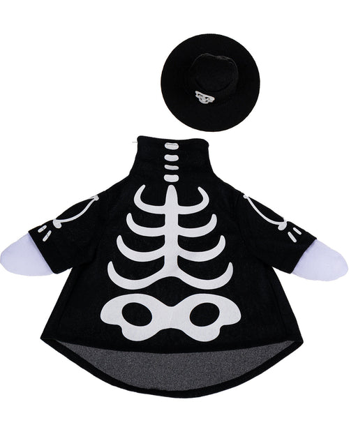 Black skeleton costume with a hat on a white background