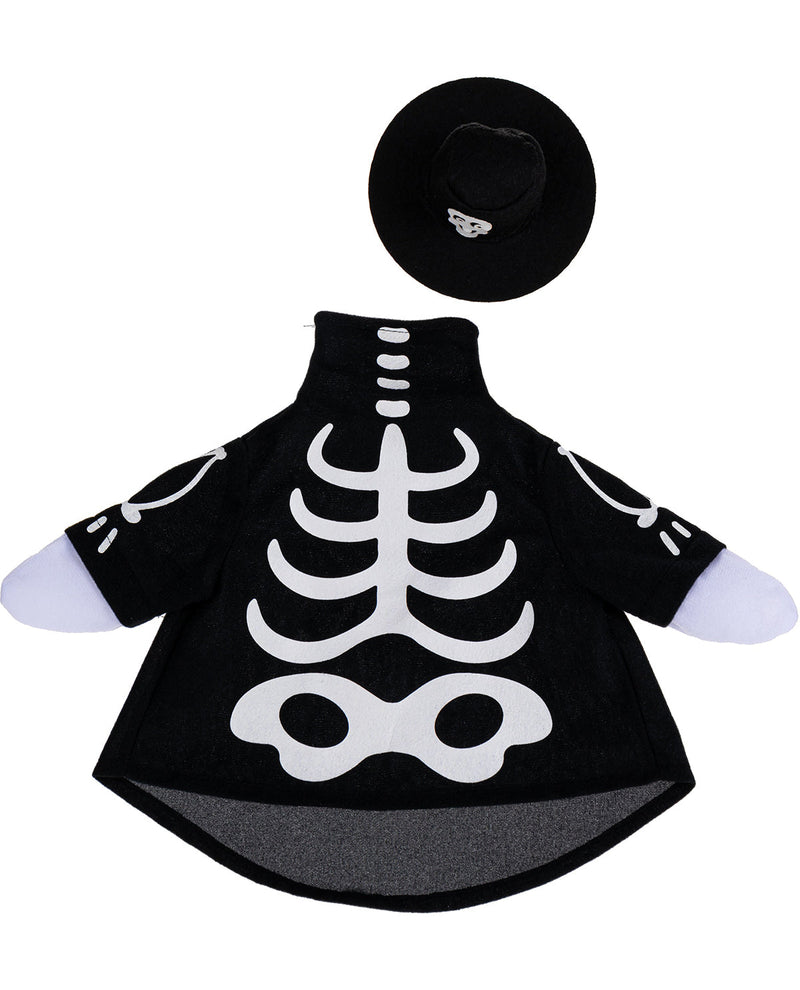Black skeleton costume with a hat on a white background