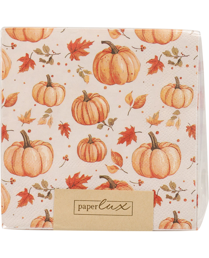 A pack of paper napkins featuring an autumn pumpkin pattern on a cream background, with a tan paper band at the bottom displaying the brand 'paper lux'.