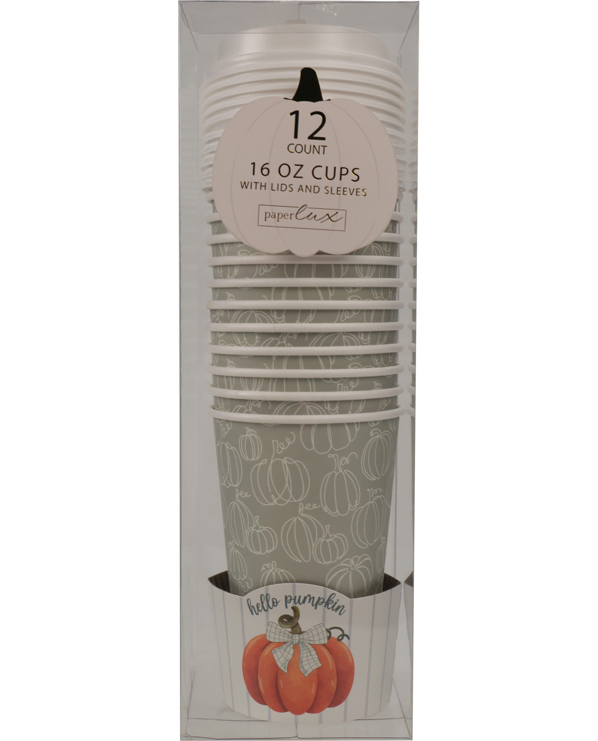 A 12-pack of Paper Lux 16 oz cups with lids and sleeves, featuring a gray and white pumpkin pattern and a 'hello pumpkin' label at the bottom, packaged in a clear plastic box.