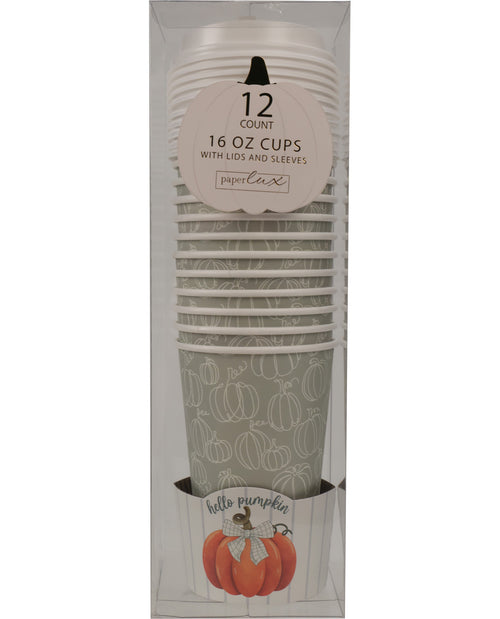 A 12-pack of Paper Lux 16 oz cups with lids and sleeves, featuring a gray and white pumpkin pattern and a 'hello pumpkin' label at the bottom, packaged in a clear plastic box.