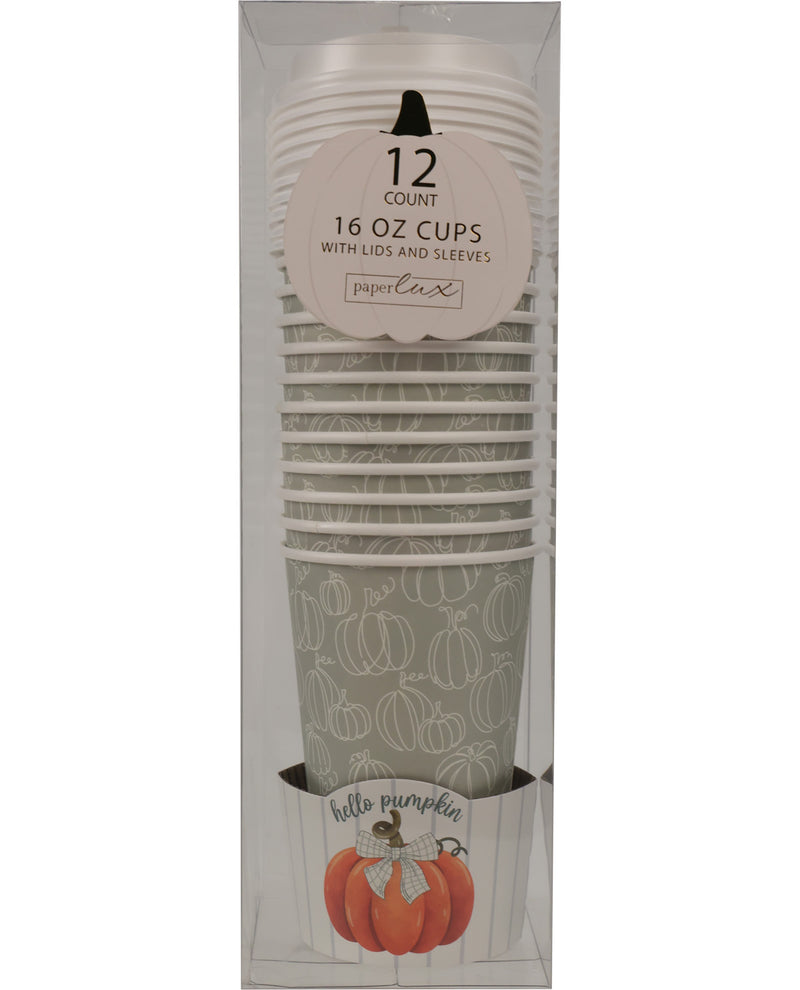 A 12-pack of Paper Lux 16 oz cups with lids and sleeves, featuring a gray and white pumpkin pattern and a 'hello pumpkin' label at the bottom, packaged in a clear plastic box.