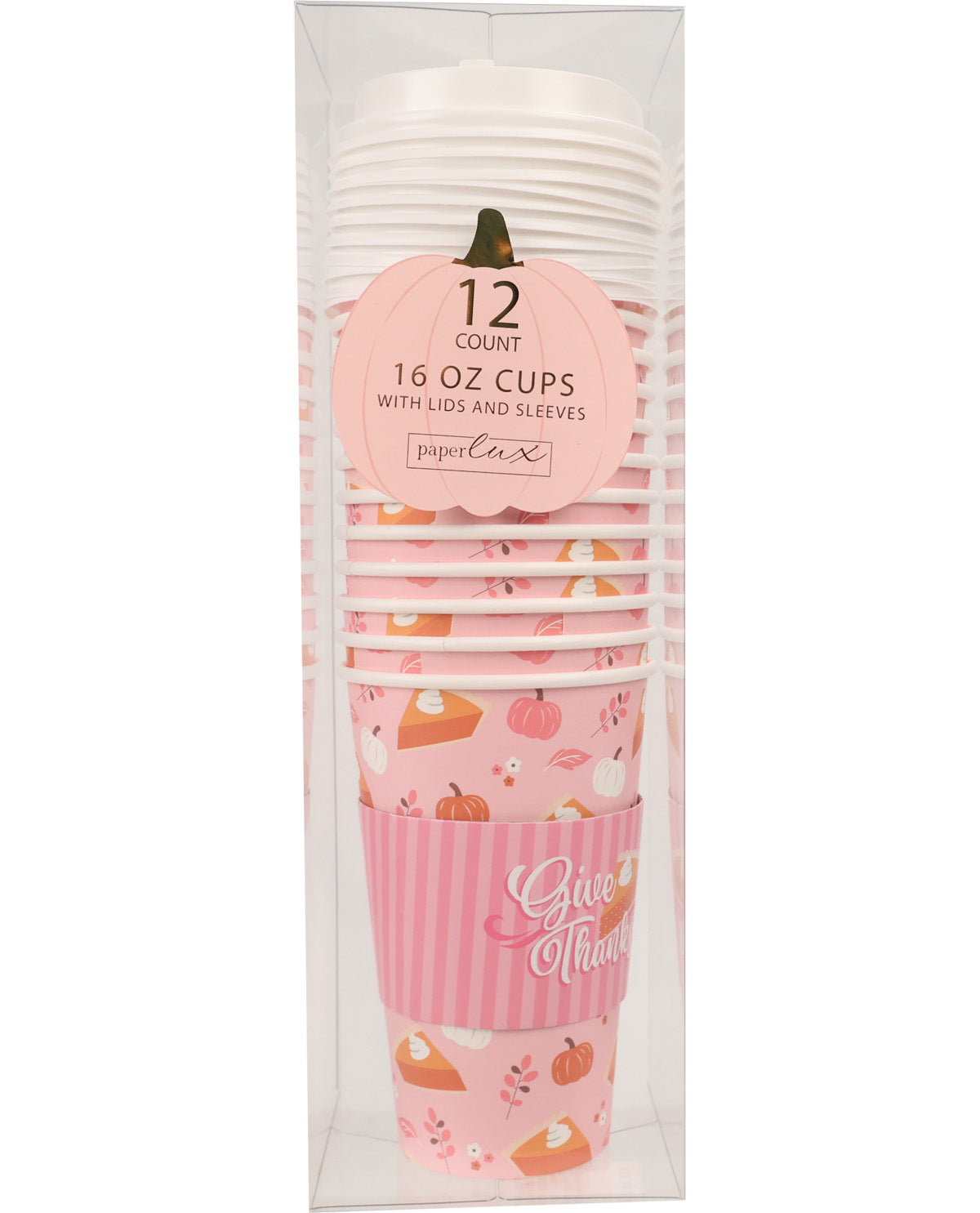 A 12-count stack of Paper Cakes 16 oz cups with lids and sleeves, featuring a fall-themed design with pink stripes, a striped sleeve, and autumn illustrations, packaged in a clear plastic box.