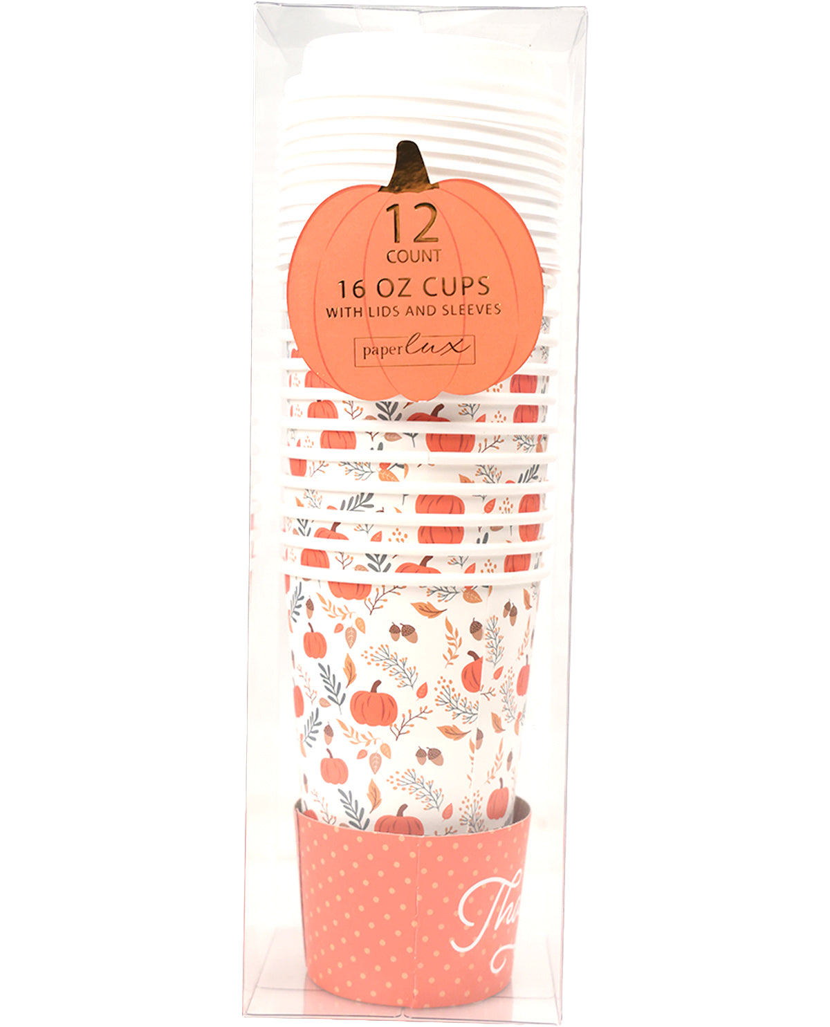 A 12-count pack of 16 oz paper cups with lids and sleeves by PaperCupz, featuring a fall harvest pattern of pumpkins, leaves, and orange stripes on a white background, packaged in a clear plastic sleeve with a decorative orange pumpkin-shaped label.