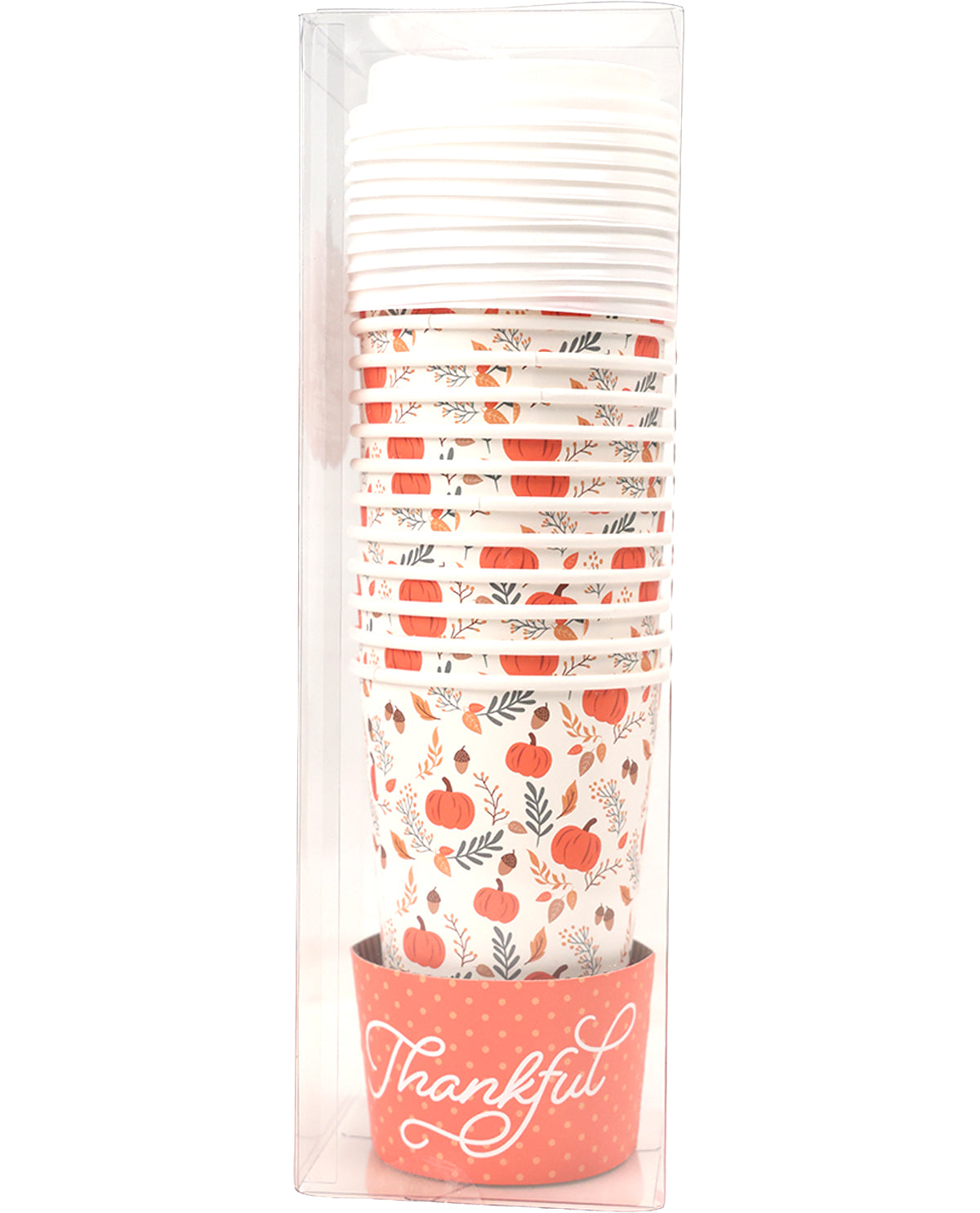 A stack of paper cups with a fall harvest pattern of pumpkins, leaves, and acorns, packaged in a clear plastic sleeve with a coral-colored sleeve at the bottom that says 'Thankful' in white script.