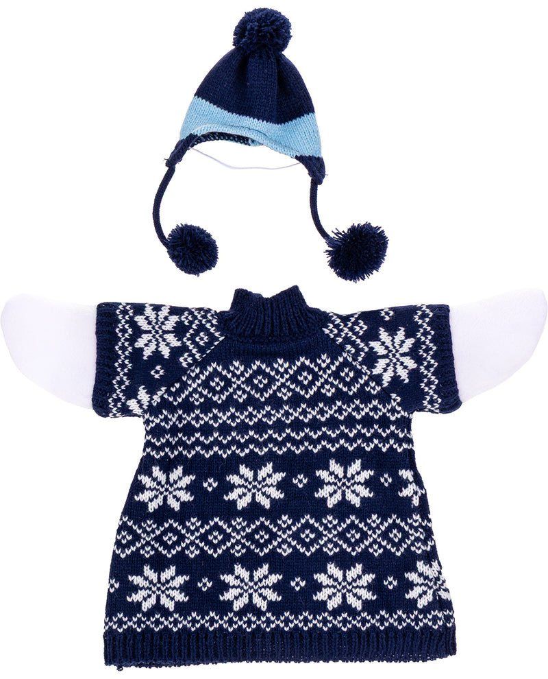 Navy blue and white patterned dress with matching hat on a white background
