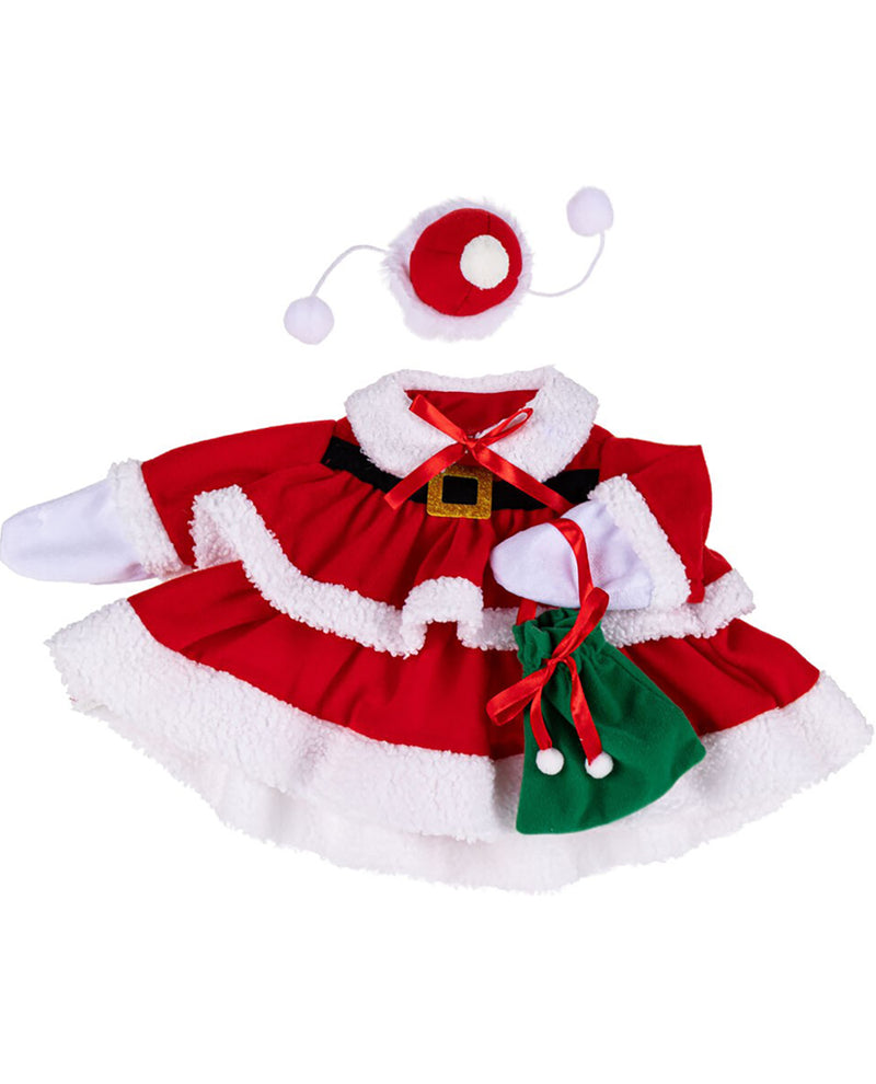 Red and white Christmas costume with green bag and hat on a white background
