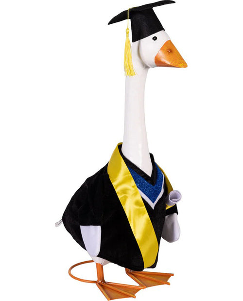 Goose wearing a graduation gown and cap on a white background