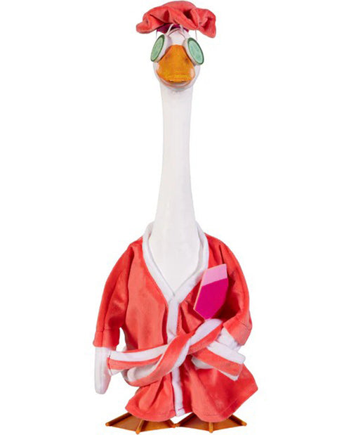 Plush toy goose in a red outfit with a white background