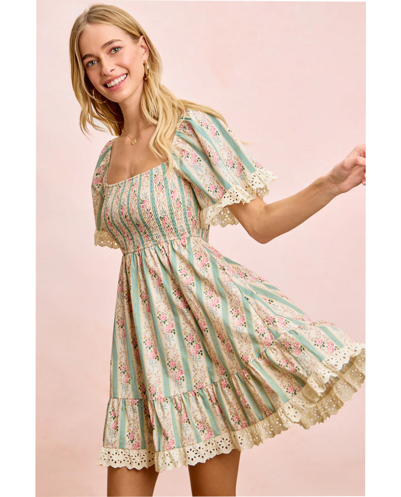 Bibi Stripe Floral Smocked Dress Teal