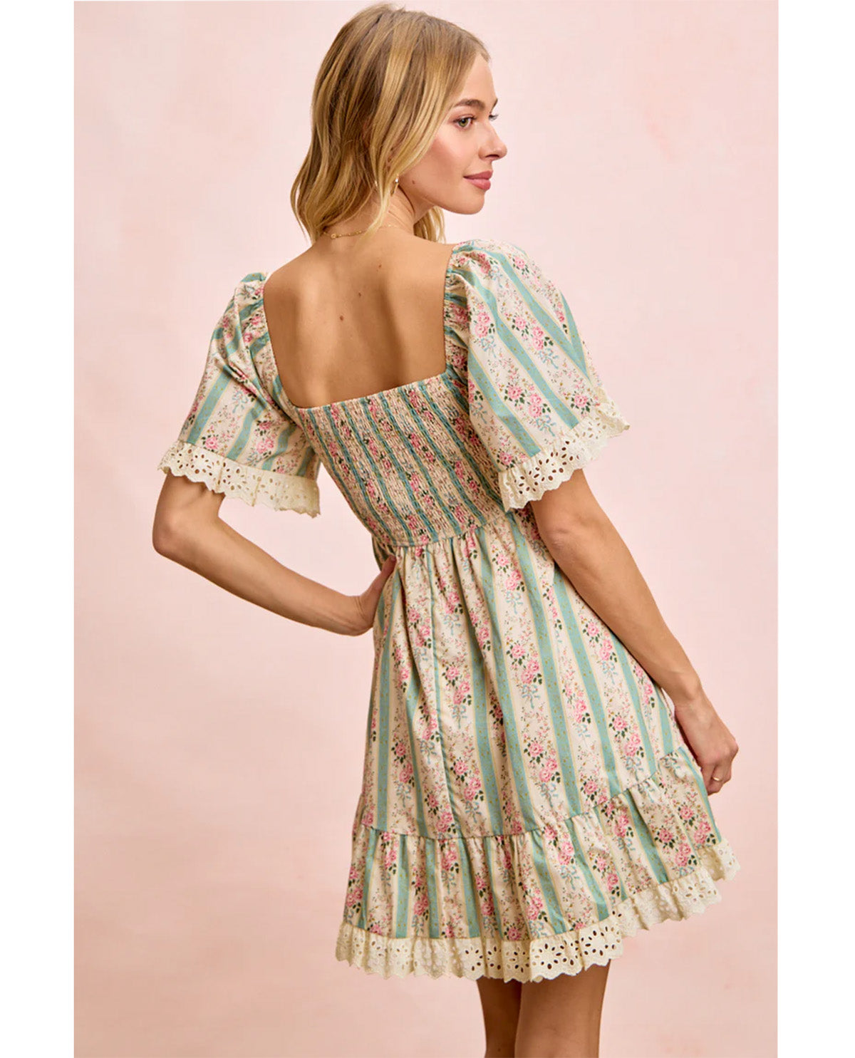 Bibi Stripe Floral Smocked Dress Teal