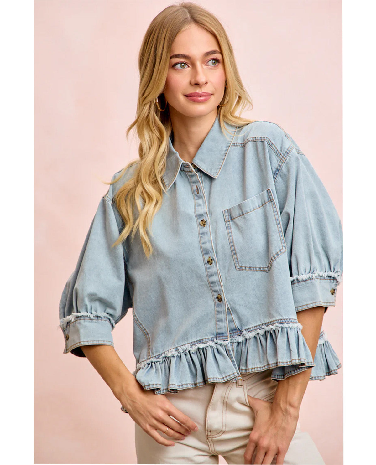 Bibi Washed Denim Ruffle Hem Top