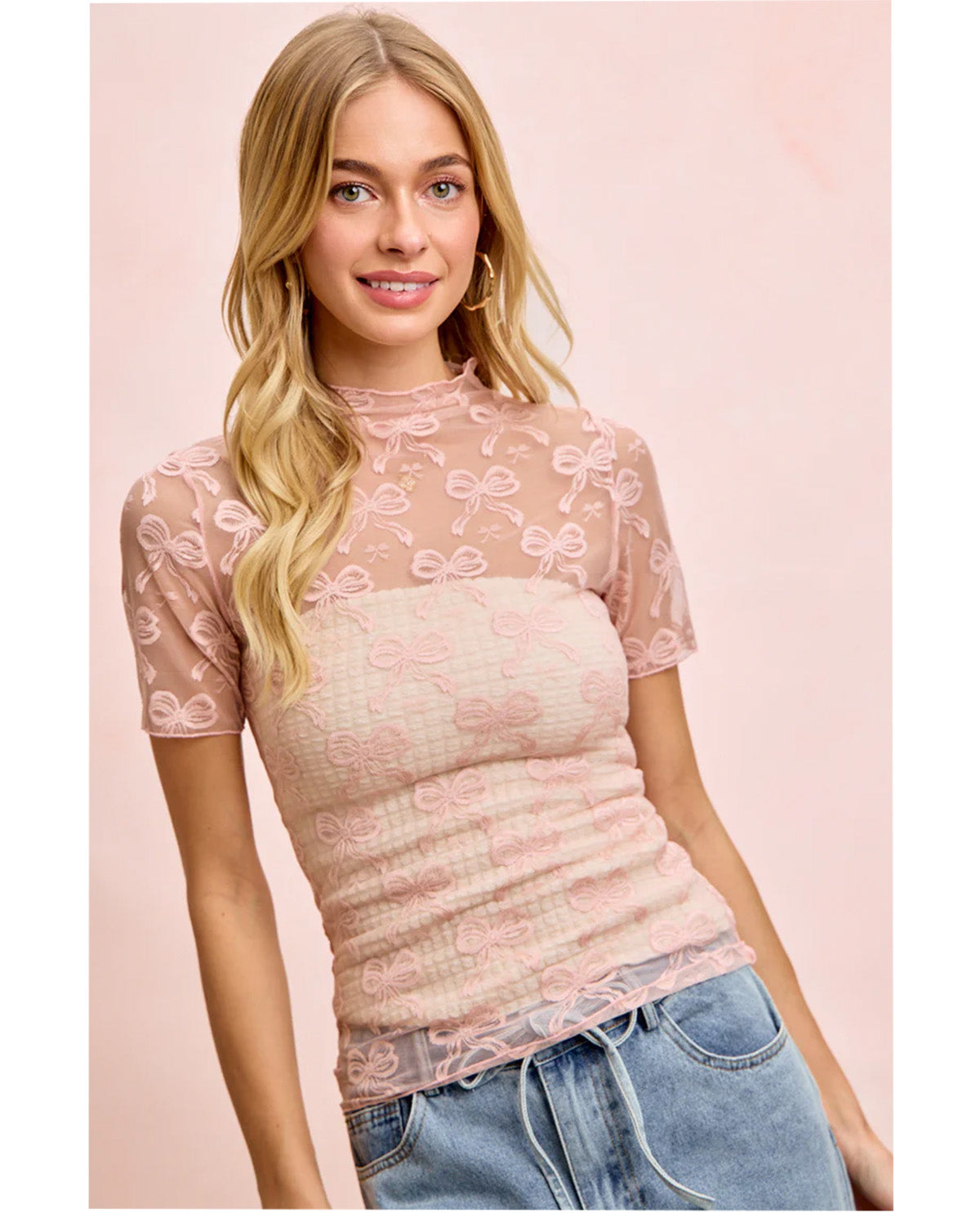 Bibi Bow Pattern Mesh Top