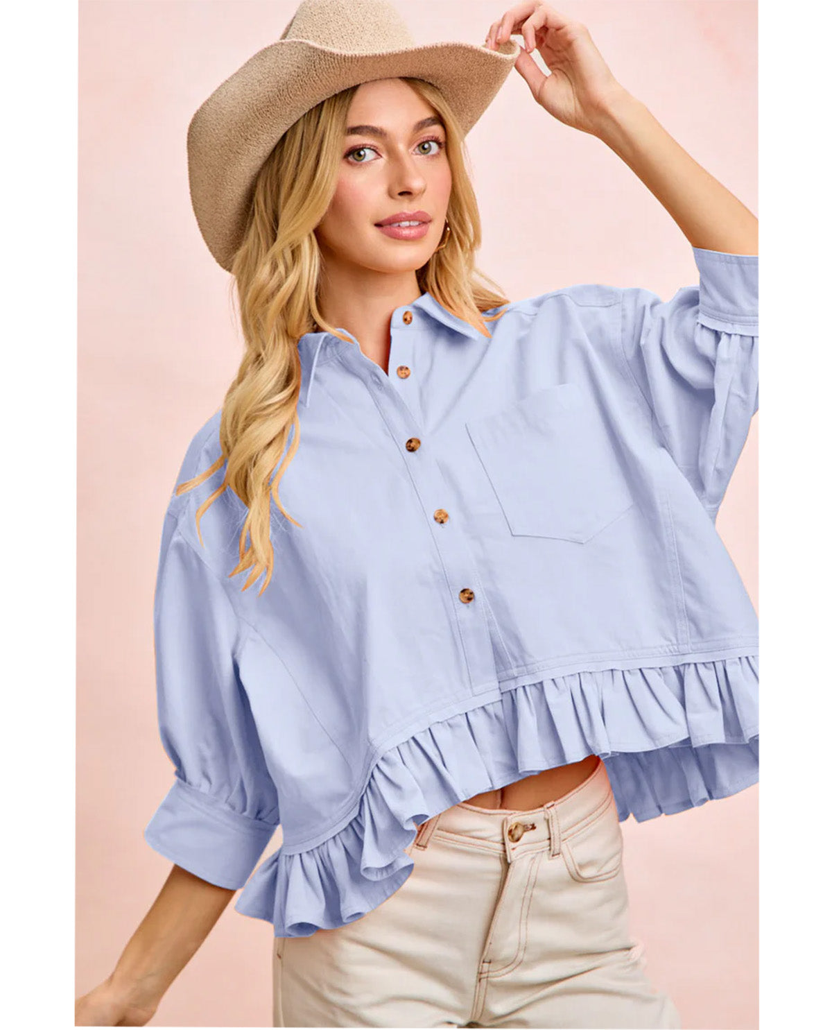 Bibi Solid Ruffle Hem Shirt Chambray