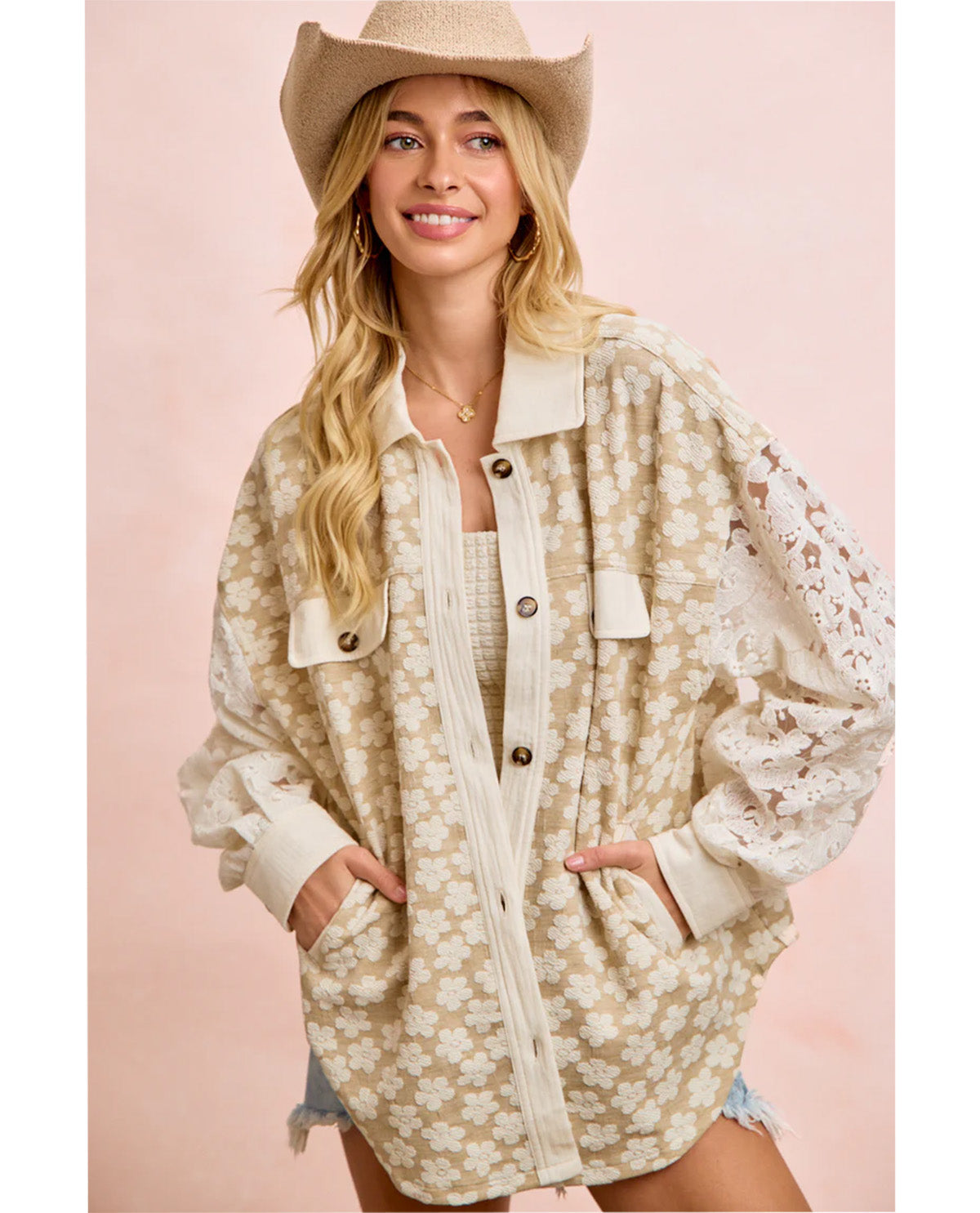 Bibi Floral Jacquard Shacket With Lace Sleeves Oatmeal