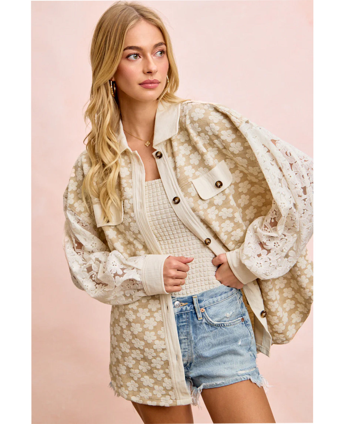 Bibi Floral Jacquard Shacket With Lace Sleeves Oatmeal