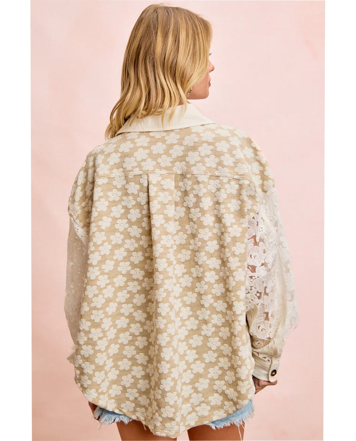 Bibi Floral Jacquard Shacket With Lace Sleeves Oatmeal