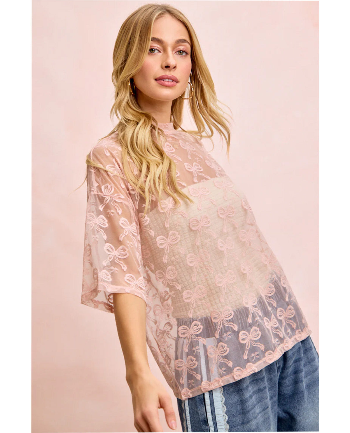 Bibi Bow Pattern Boxy Mesh Top Dusty Rose