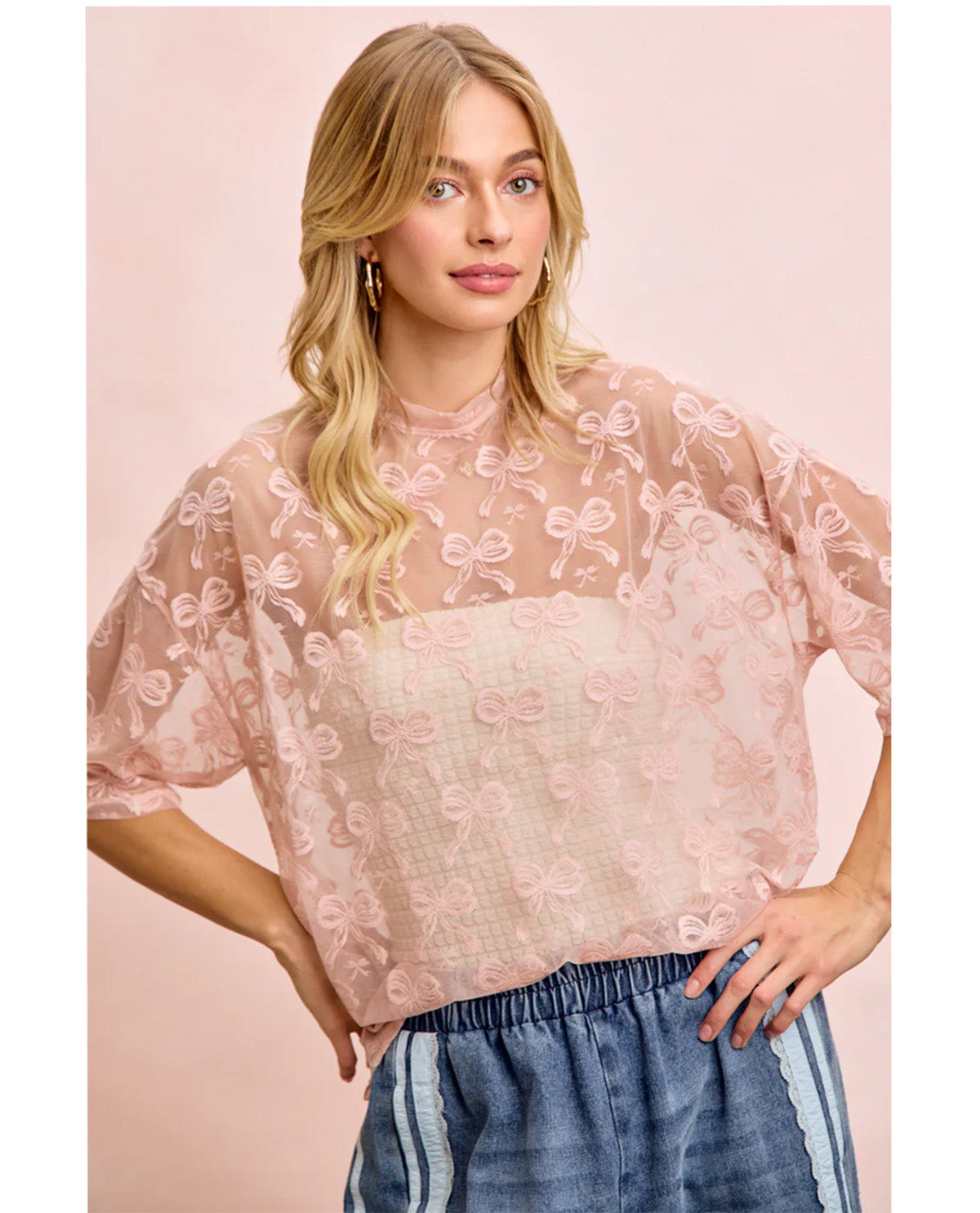 Bibi Bow Pattern Boxy Mesh Top Dusty Rose