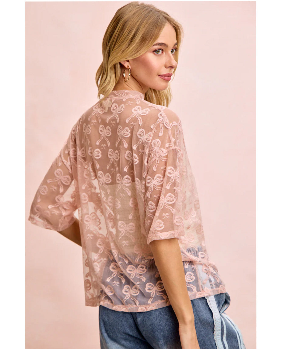Bibi Bow Pattern Boxy Mesh Top Dusty Rose